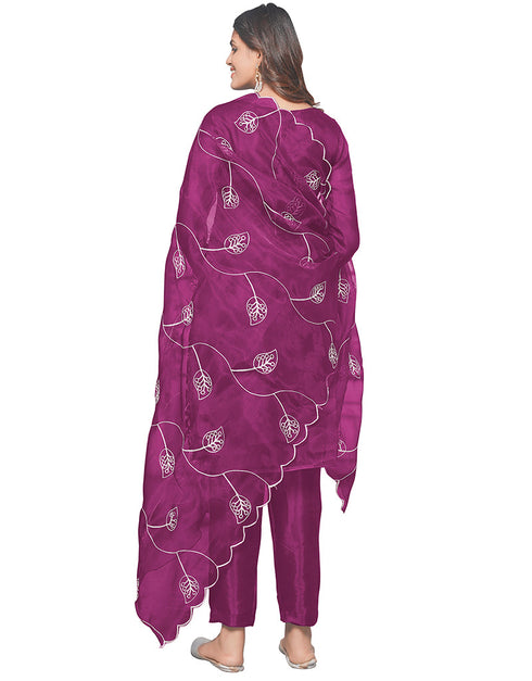 Trendy Designer Party Wear Salwar Suit Purple Organza Pant Straight Close-up View